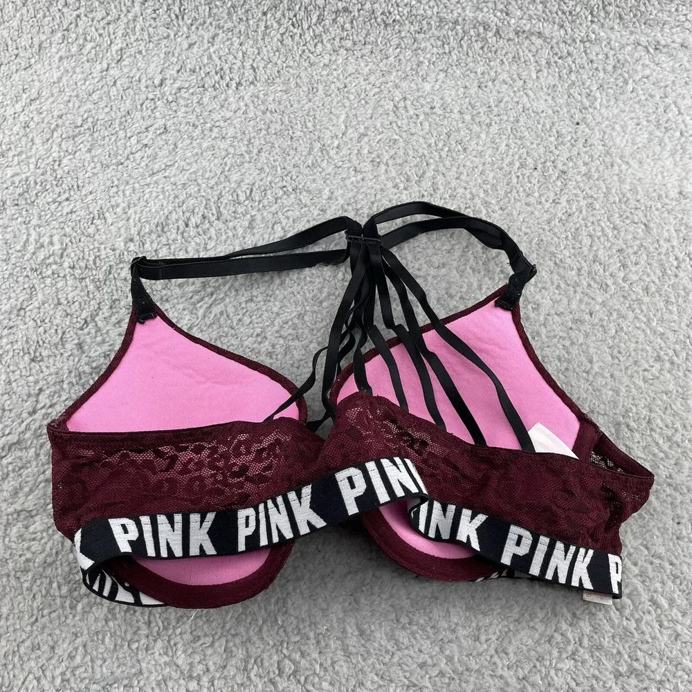 Victoria's Secret Sport Push Up Bra‎ Womens 34B Burgundy Floral Lace Underwire